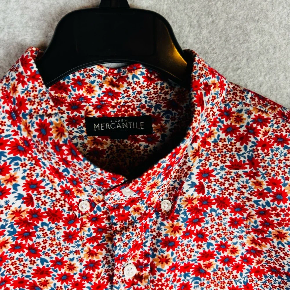 J. Crew Mens XL Mercantile Flex Shirt Slim Flex Floral Button Front White Red‎